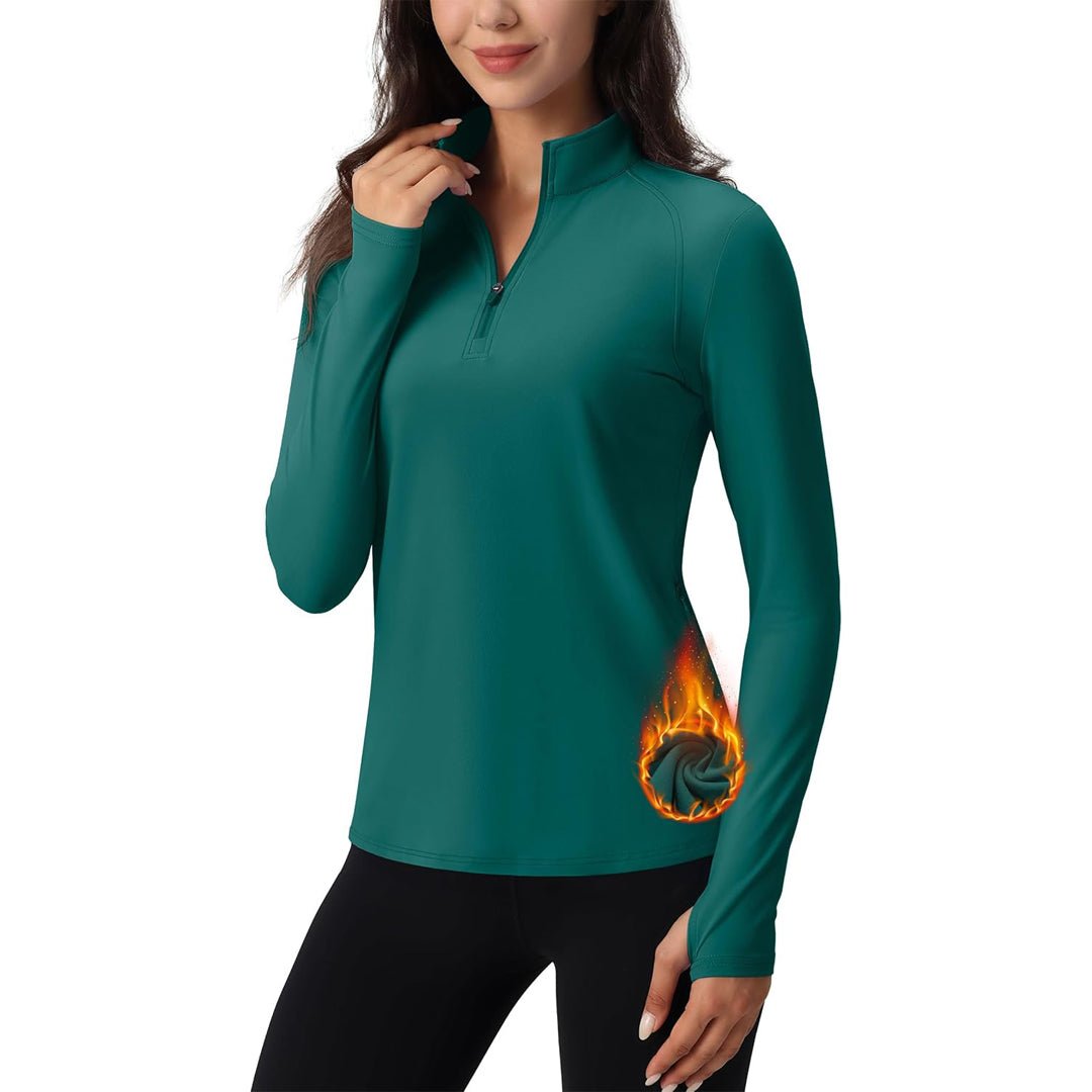 Women's long sleeve quarter-zip running top, moisture-wicking stretch fabric with hidden pockets