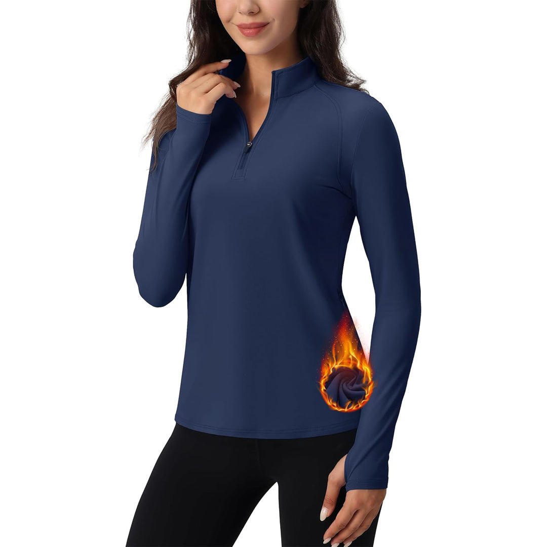 Women's long sleeve quarter-zip running top, moisture-wicking stretch fabric with hidden pockets, athletic fit
