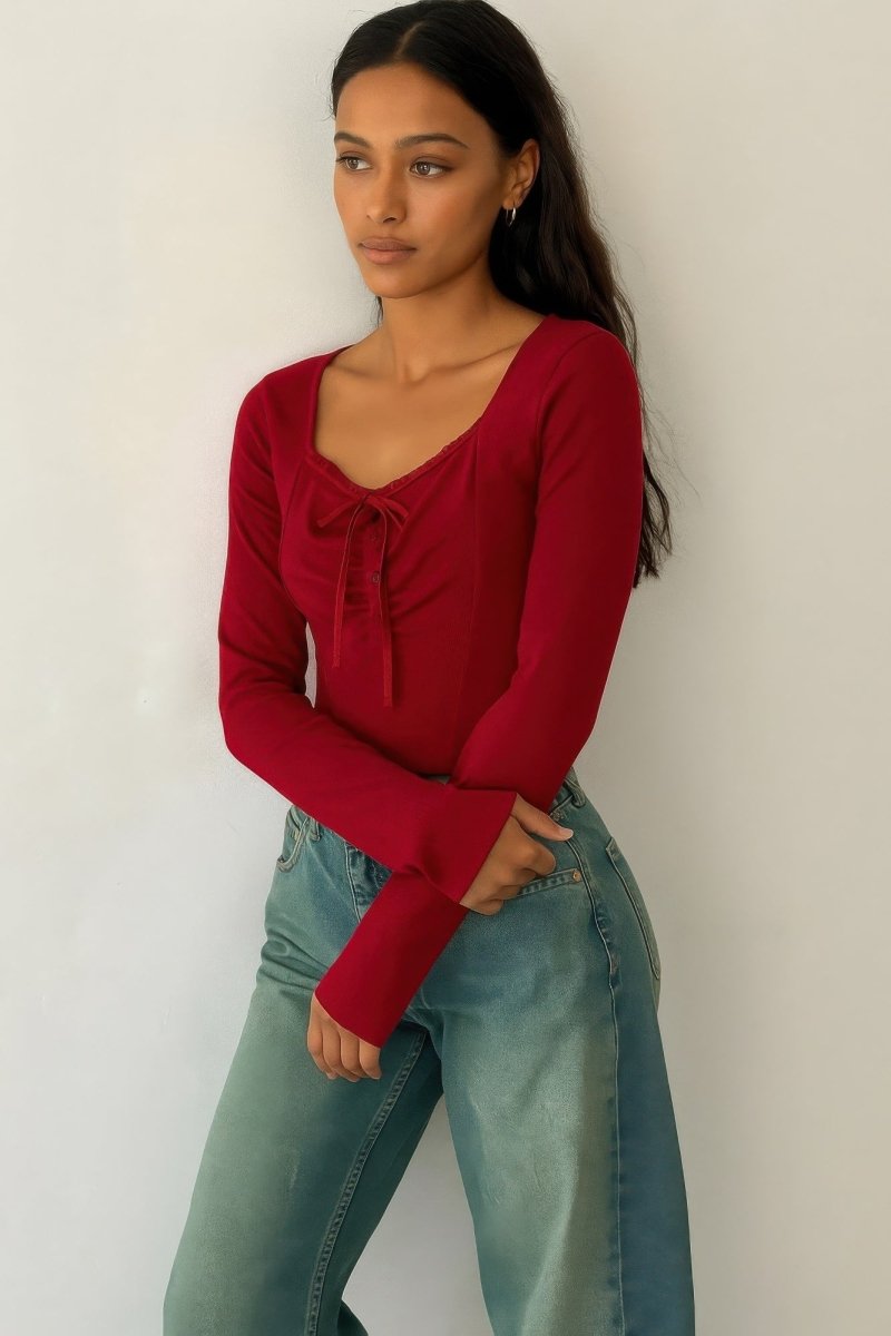 Women's long sleeve scrunch bow top with ruffle detail in flattering silhouette, office-ready style