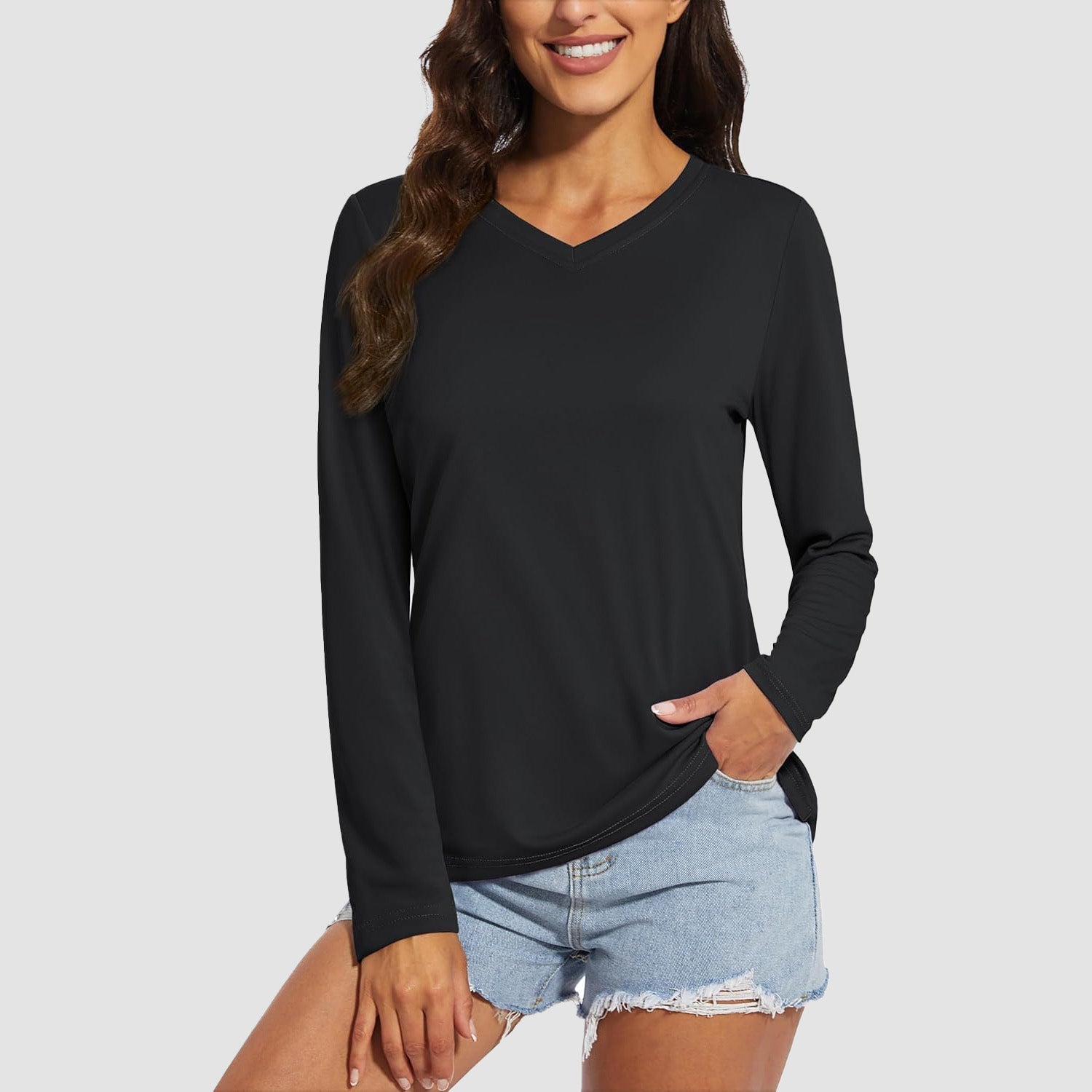 Women's UPF 50+ long sleeve V-neck hiking shirt, lightweight quick-dry breathable fabric for active outdoor use