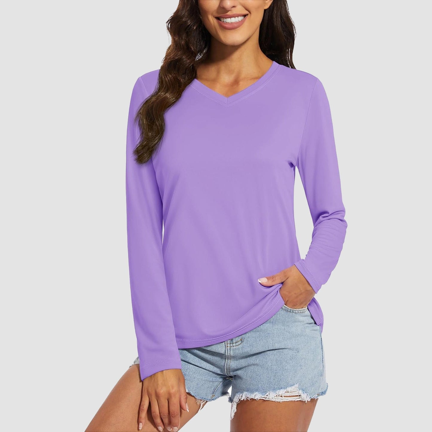 Women's UPF 50+ long sleeve V-neck hiking shirt, lightweight quick-dry breathable fabric for active wear
