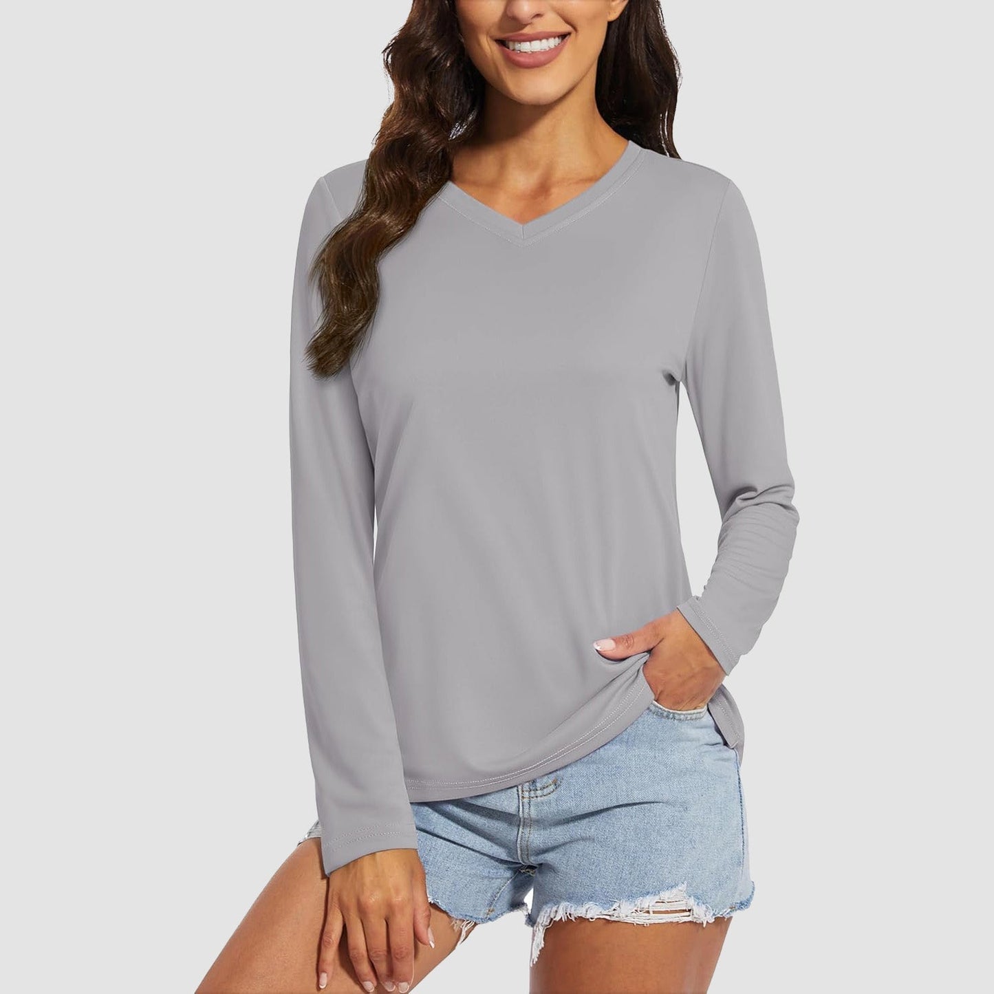 Women's UPF 50+ long sleeve V-neck hiking shirt, lightweight quick-dry breathable fabric for active use