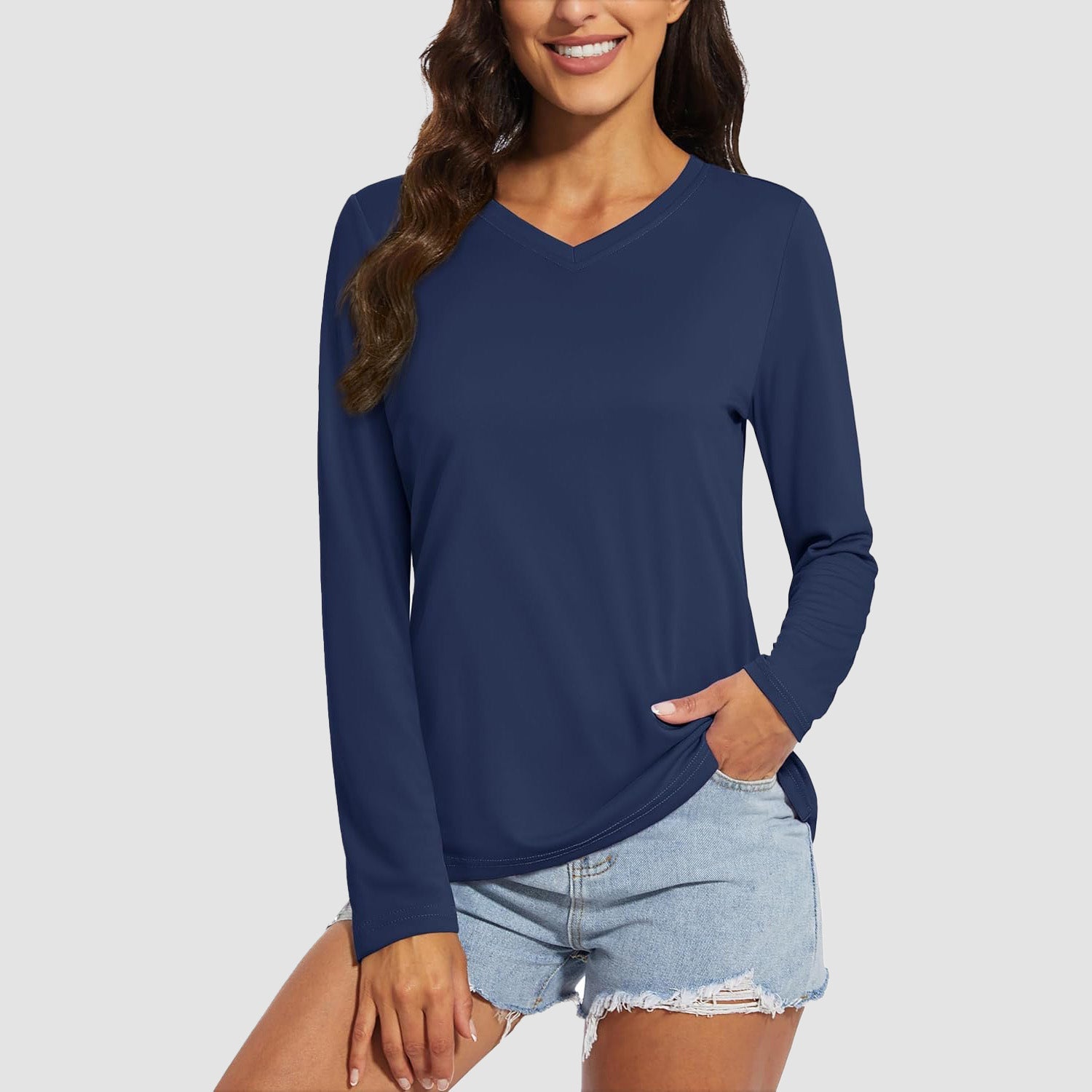Women's UPF 50+ long sleeve V-neck hiking shirt, lightweight quick-dry polyester for active outdoor wear