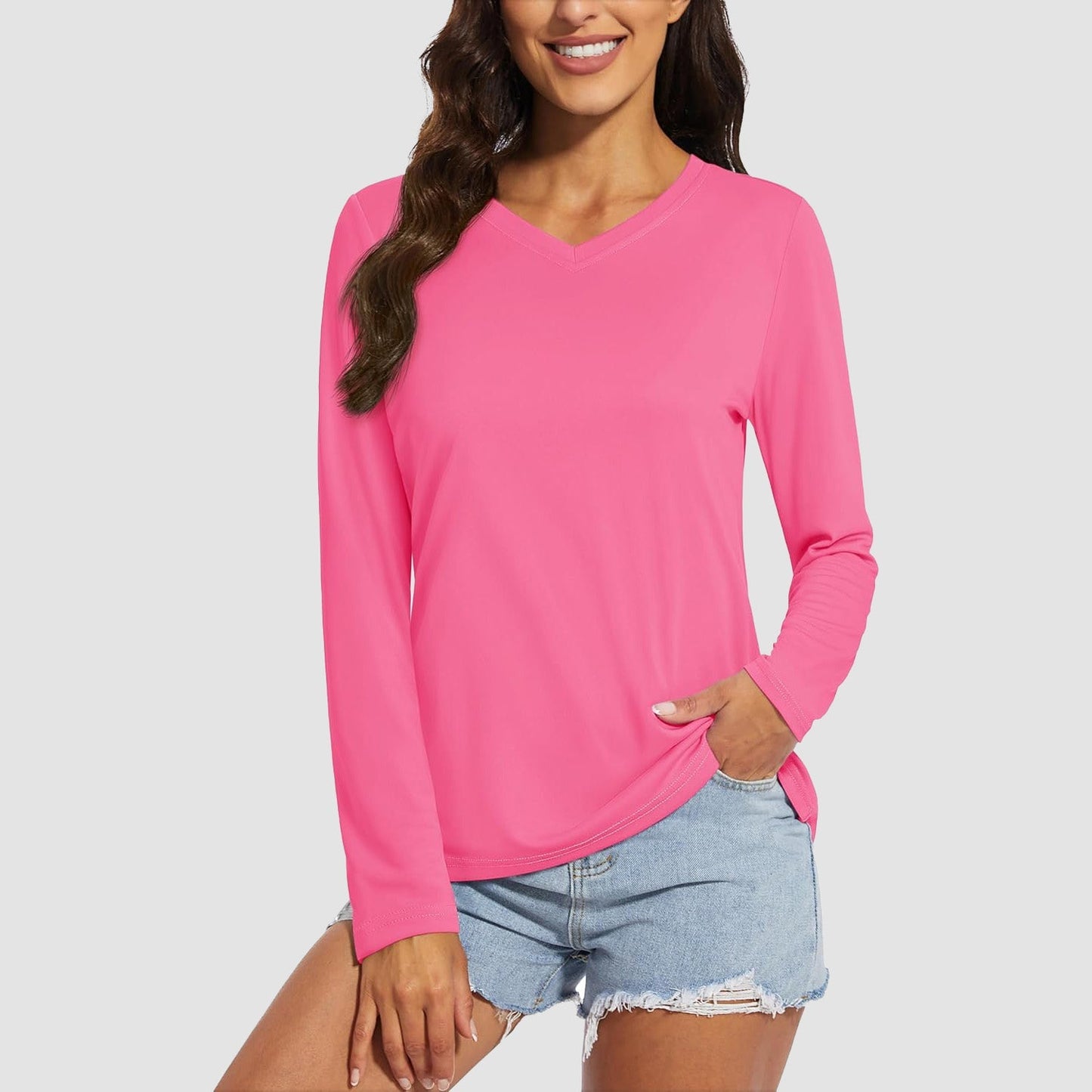Women's UPF 50+ long sleeve V-neck hiking shirt, lightweight quick-dry breathable polyester for active outdoor use