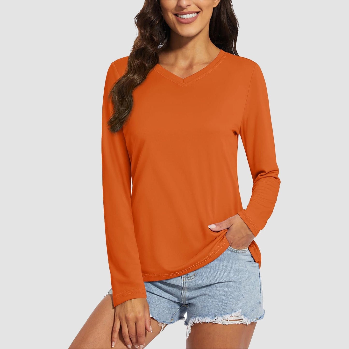 Women's UPF 50+ long sleeve V-neck hiking shirt, lightweight quick-dry breathable polyester for active wear