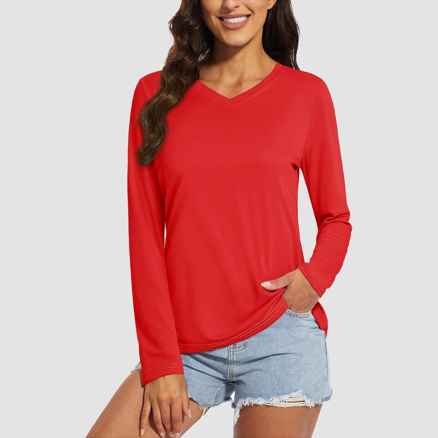 Women's UPF 50+ long sleeve V-neck hiking shirt, lightweight quick-dry breathable polyester for active wear