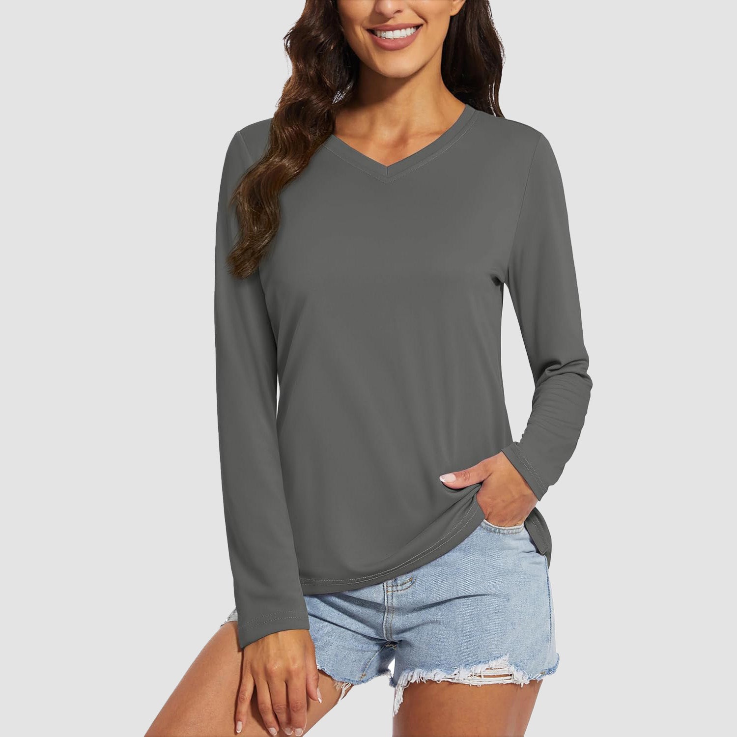 Women's UPF 50+ long sleeve V-neck hiking shirt, lightweight quick-dry breathable fabric for active outdoor use