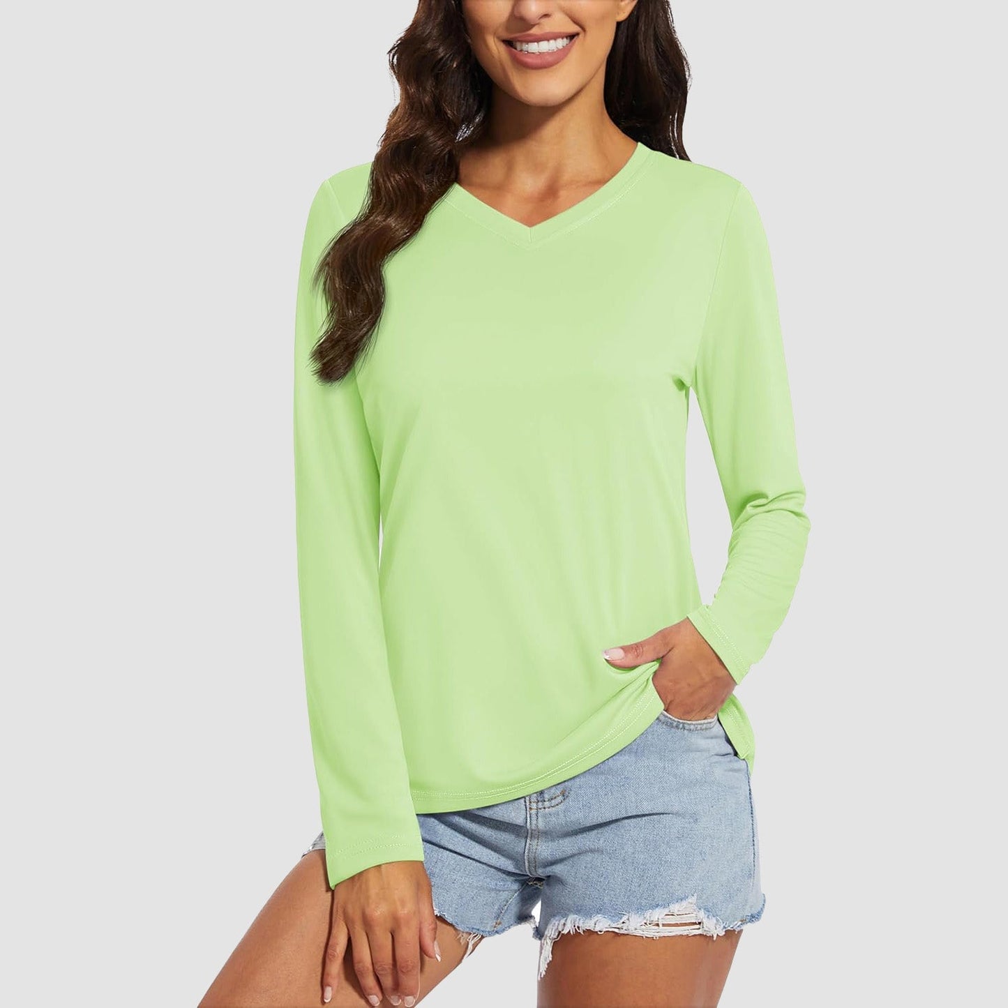 Women's UPF 50+ long sleeve V-neck hiking shirt, lightweight quick-dry breathable fabric for active outdoor use
