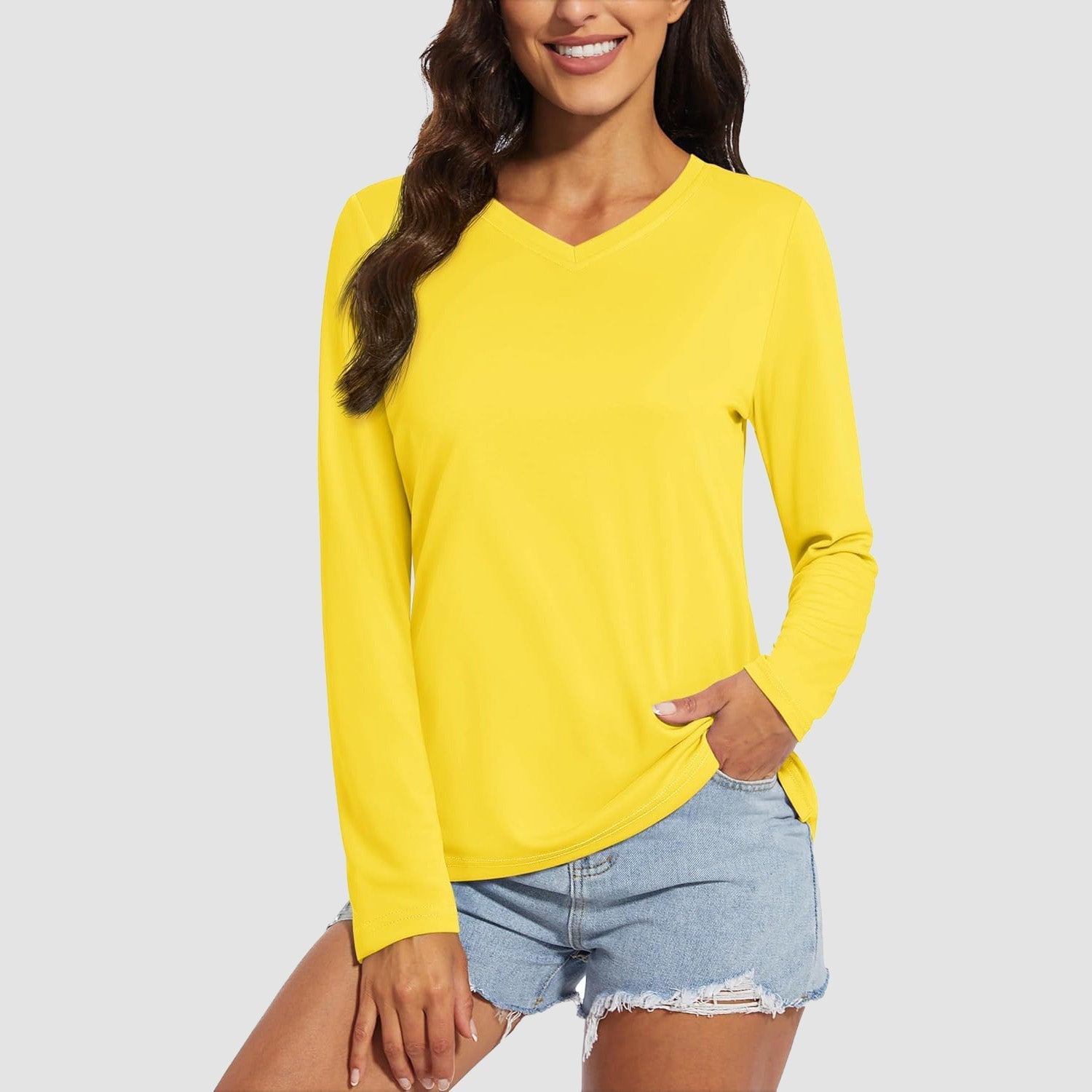 Women's UPF 50+ long sleeve V-neck hiking shirt, lightweight quick-dry breathable fabric for active fit