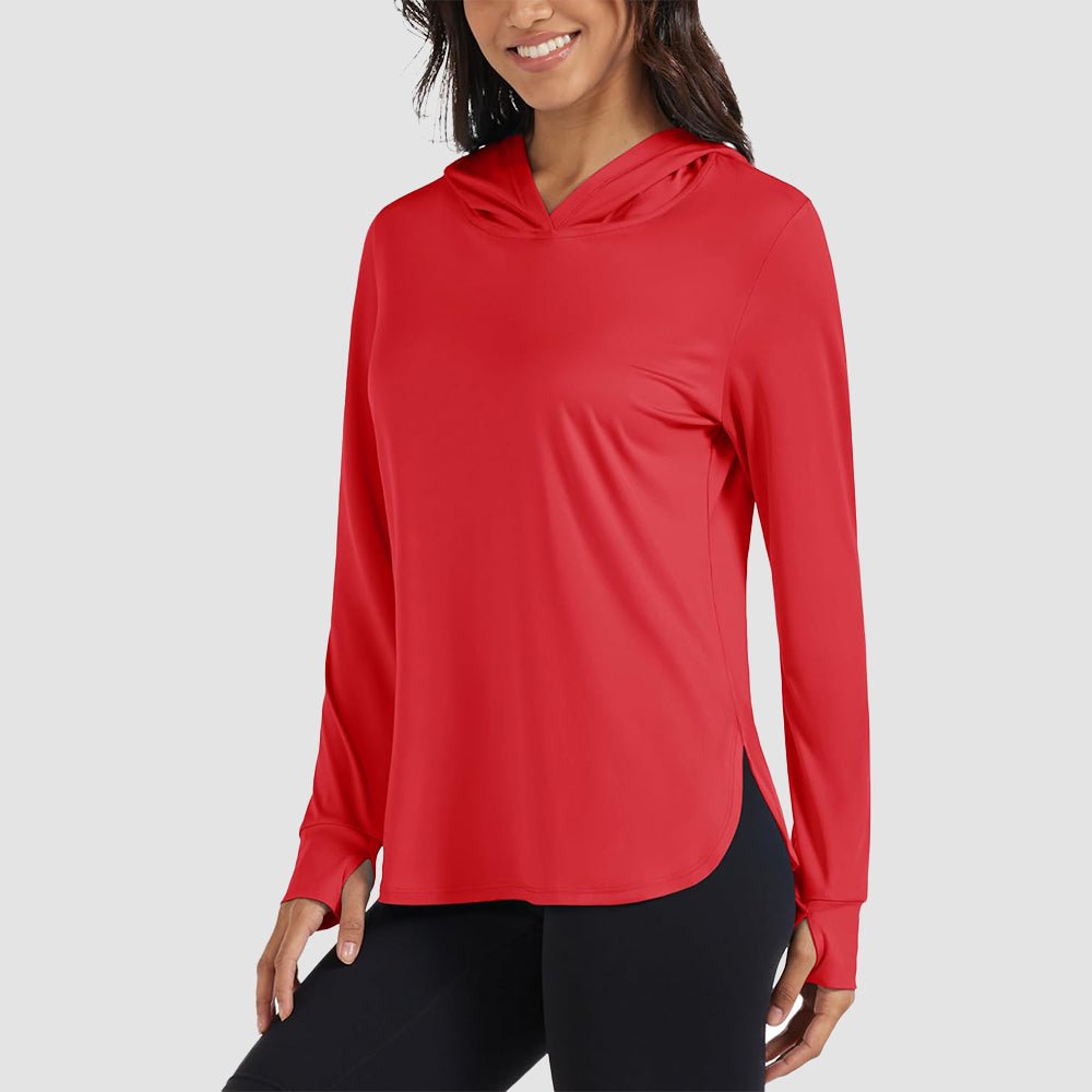 Women's lightweight UPF 80+ rashguard hoodie in sun-protective fabric with thumbholes for all-day coverage