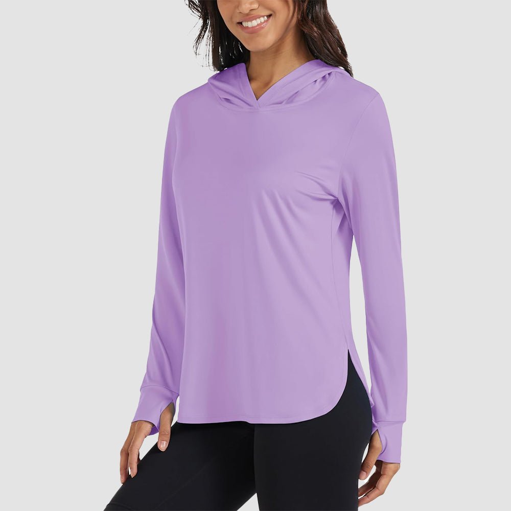 Women's lightweight UPF 80+ rashguard hoodie with thumbholes for all-day sun protection