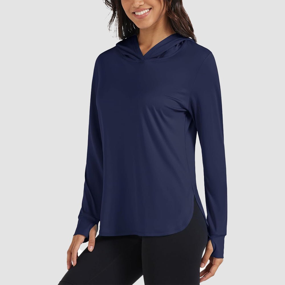Women's lightweight UPF 80+ rashguard hoodie with thumbholes for all-day sun protection