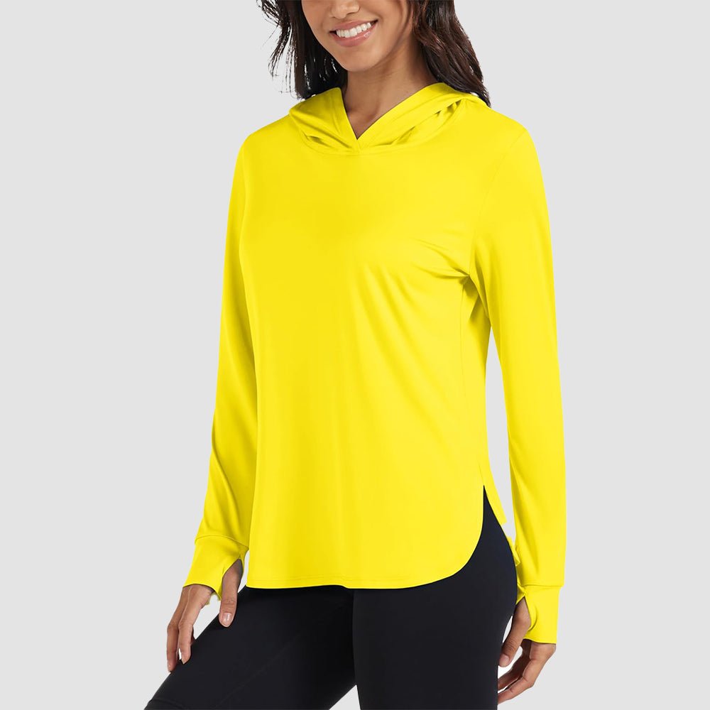 Women's lightweight UPF 80+ rashguard hoodie with thumbholes for full-day sun protection
