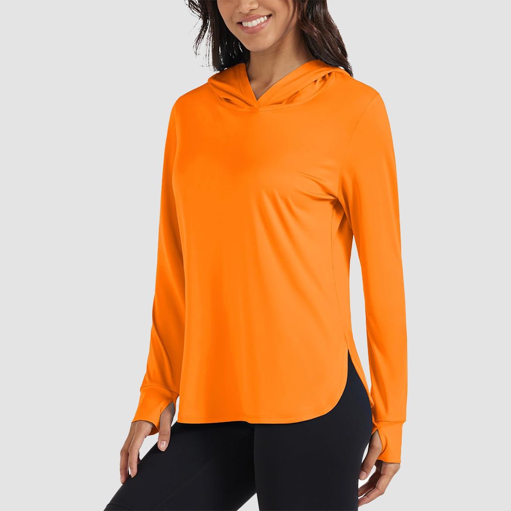 Women's lightweight UPF 80+ rashguard hoodie with thumbholes, long sleeve sun protection layer