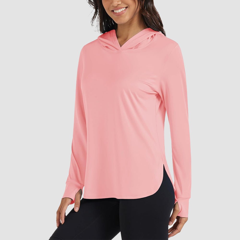 Women's lightweight UPF 80+ rashguard hoodie with thumbholes for full-day sun protection