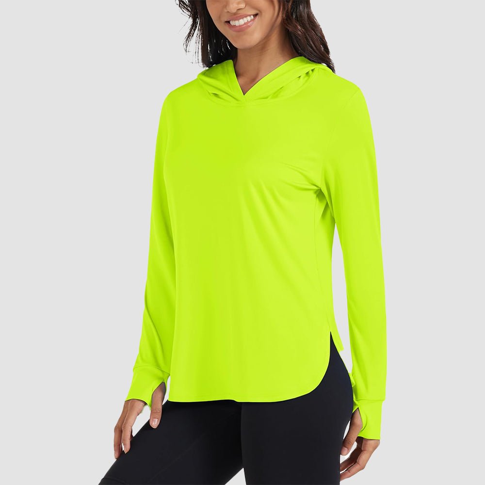 Women's lightweight UPF 80+ rashguard hoodie in sun-protective fabric with thumbholes for full coverage