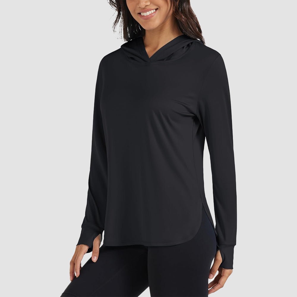 Women's lightweight UPF 80+ rashguard hoodie in solid color with thumbholes for all-day sun protection