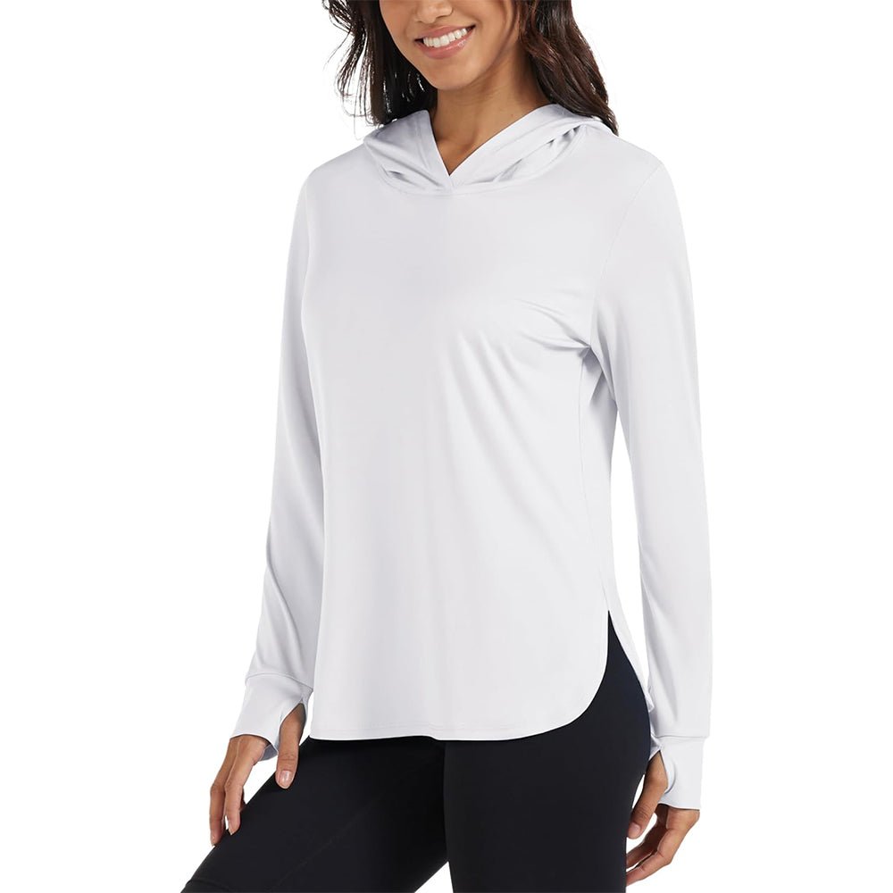 Women's lightweight UPF 80+ rashguard hoodie with thumbholes for all-day sun protection