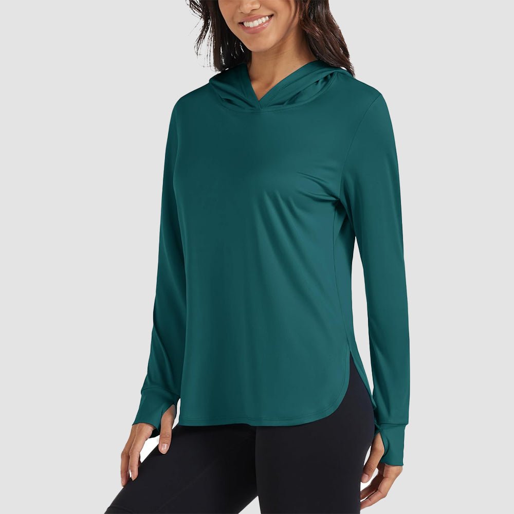 Women's lightweight UPF 80+ rashguard hoodie with thumbholes for full-day sun protection