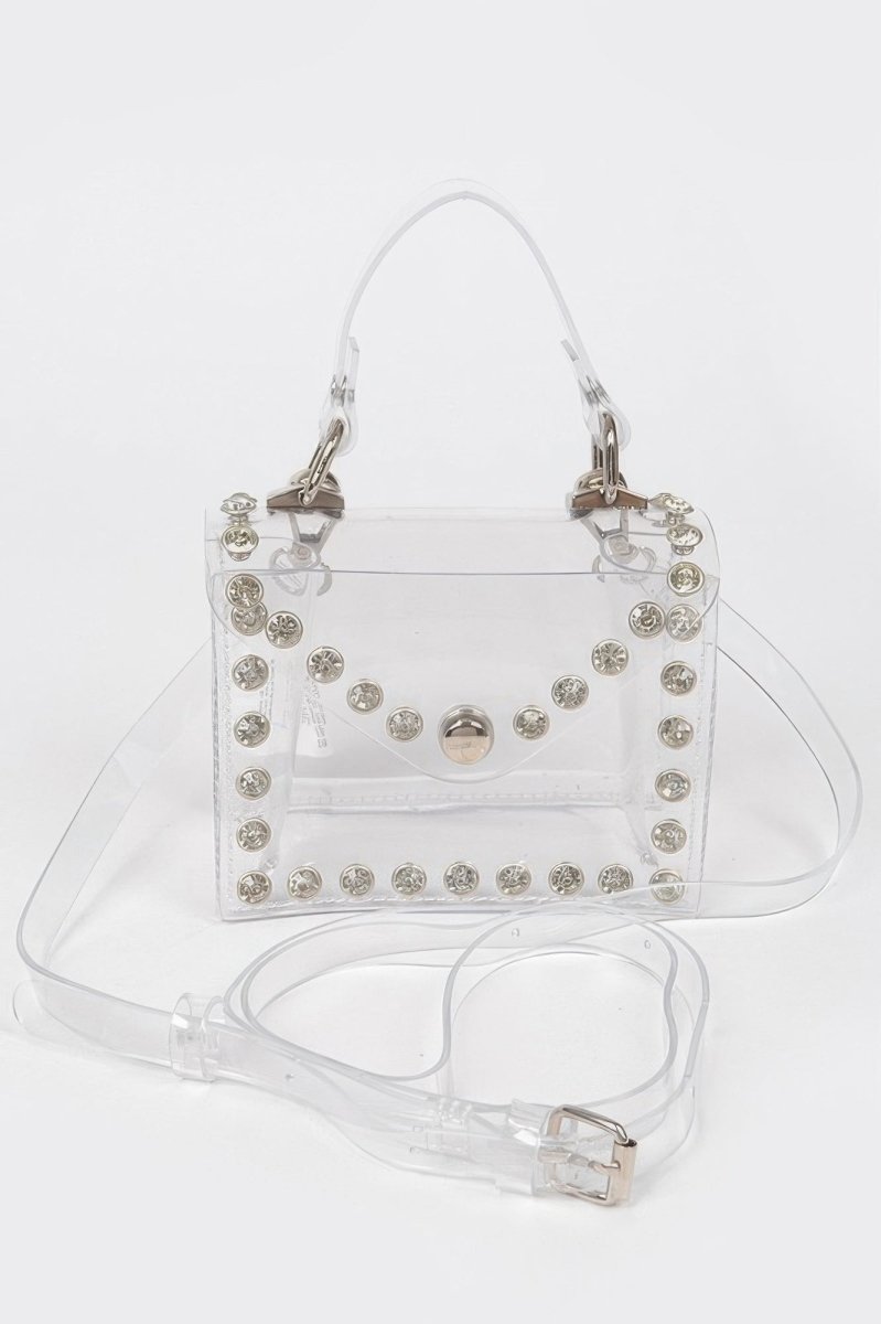 Clear rhinestone mini crossbody bag transparent acrylic structured flap closure dazzling party glam