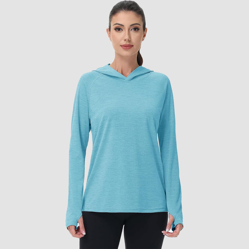 Mint UPF 50+ women's lightweight hoodie with thumb holes, quick-dry fabric for active outdoor wear