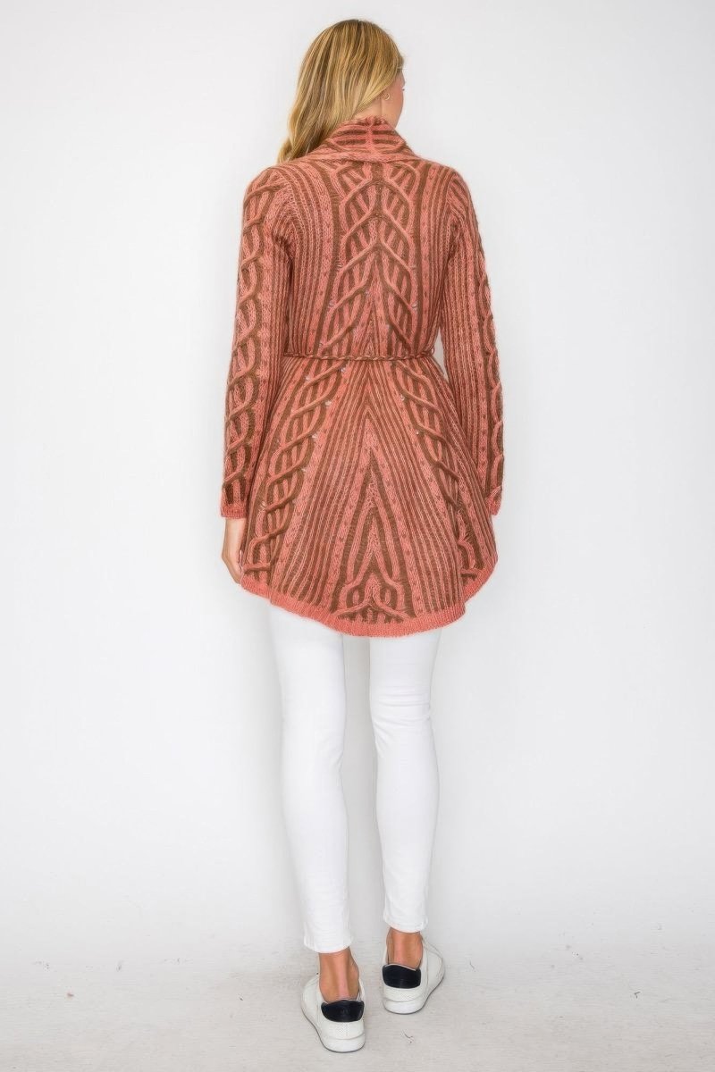 Women's belted open-front wool-blend cardigan, longline relaxed silhouette with front pocket