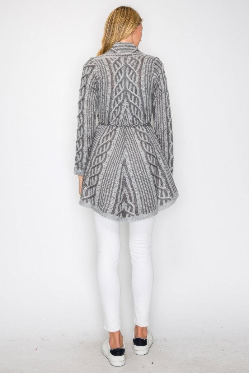 Women's belted open-front wool blend cardigan with front pocket, longline silhouette, everyday layering