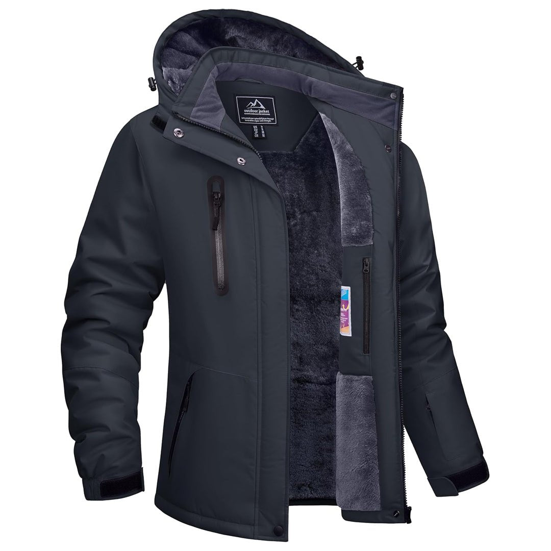 Women's waterproof hooded winter jacket with fleece lining, windproof removable hood, 10000mm rating