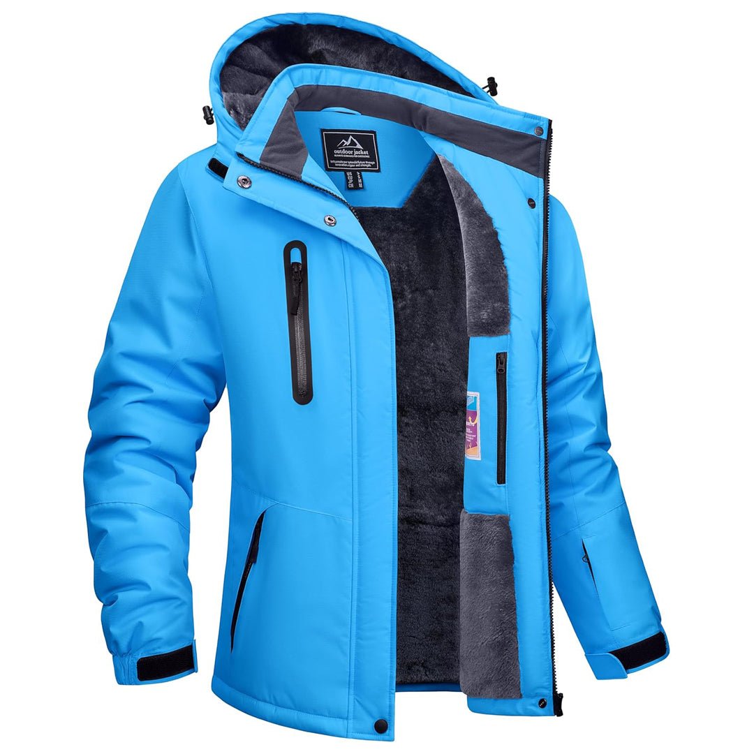 Women's waterproof hooded winter jacket with fleece lining, windproof removable hood, 10000mm rating