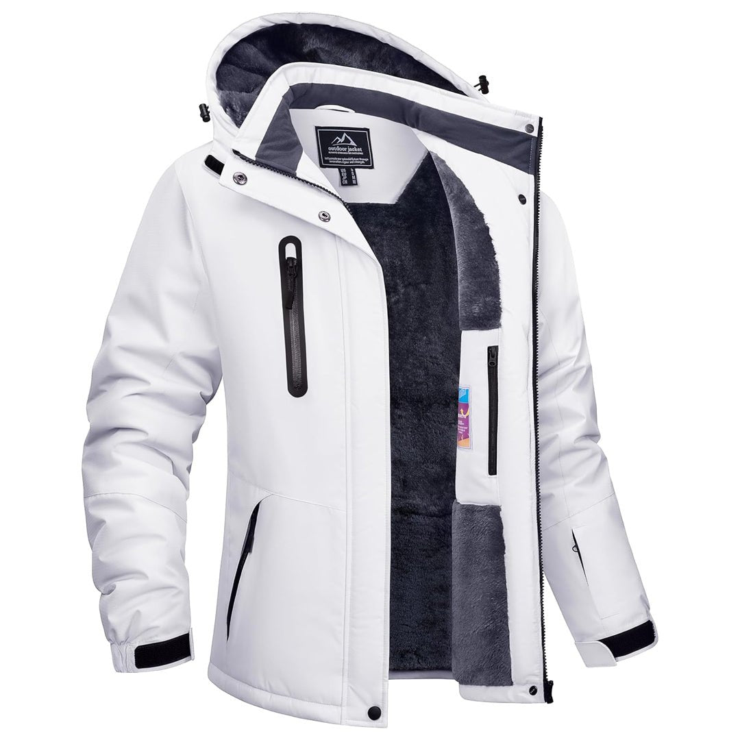 Women's waterproof hooded winter jacket with fleece lining, windproof removable hood, 10000mm rating