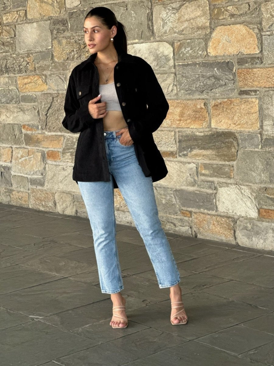 Women's oversized corduroy shacket button-down jacket in neutral tone with relaxed fit for casual layering