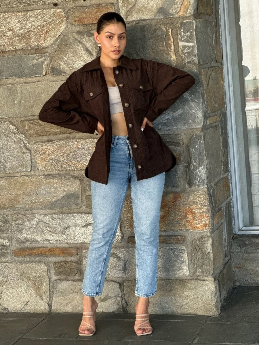 Women's oversized corduroy shacket button-down jacket casual layering relaxed silhouette