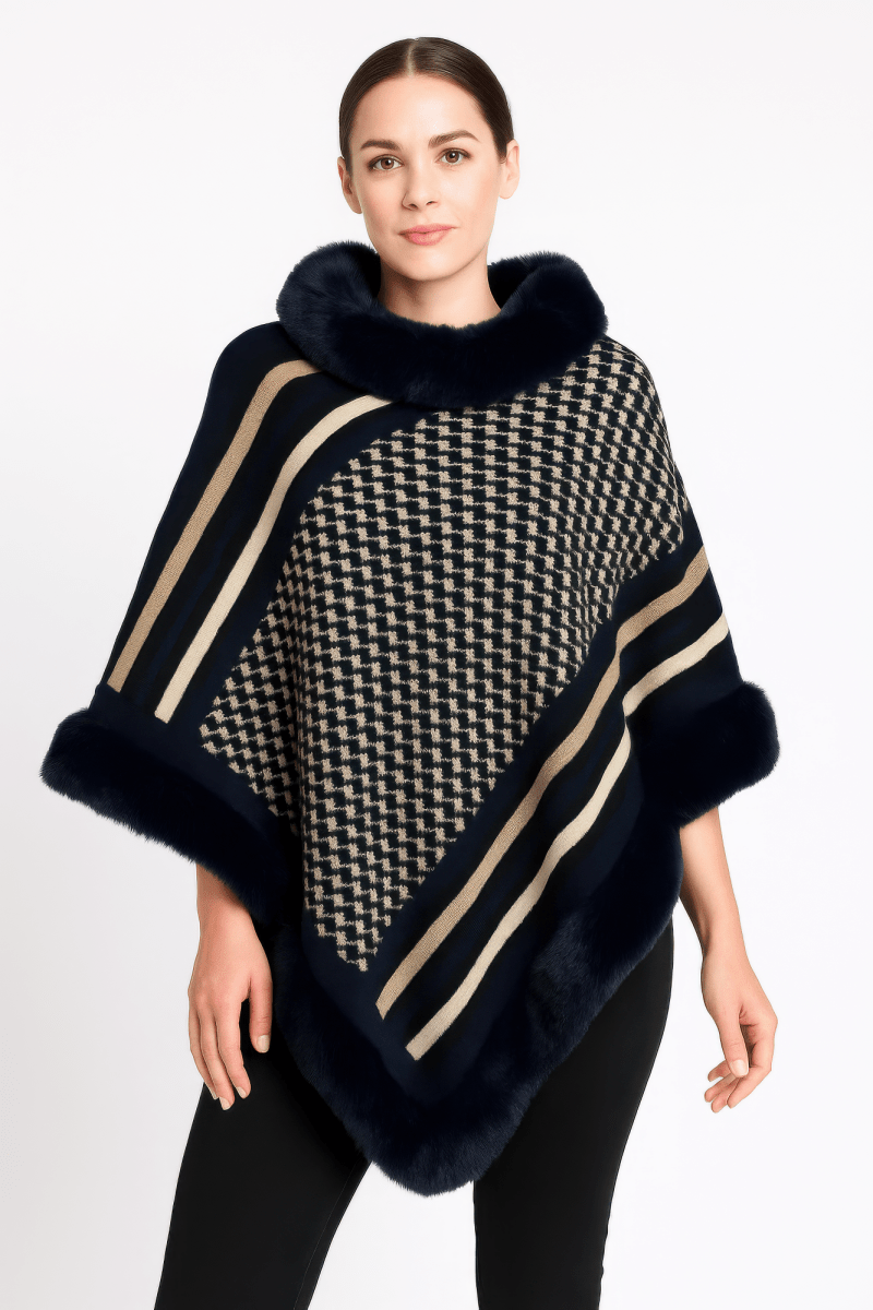 Women's patterned knit poncho with plush faux fur trim, cozy chic cold-weather layering piece