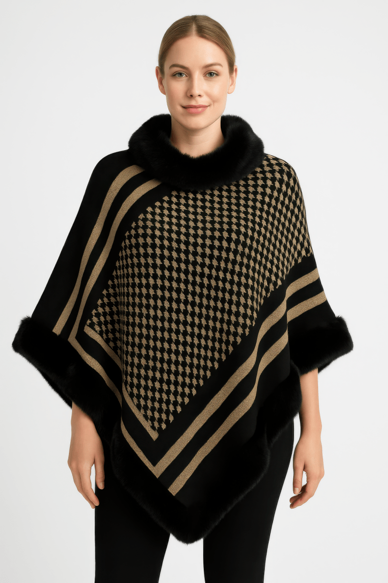Women's patterned knit poncho with plush faux fur trim, cozy chic style for cool weather