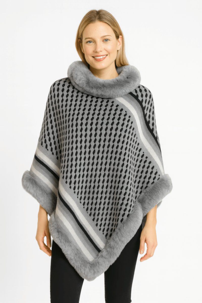 Women's patterned knit poncho with plush faux fur trim, cozy chic layering piece for cool weather