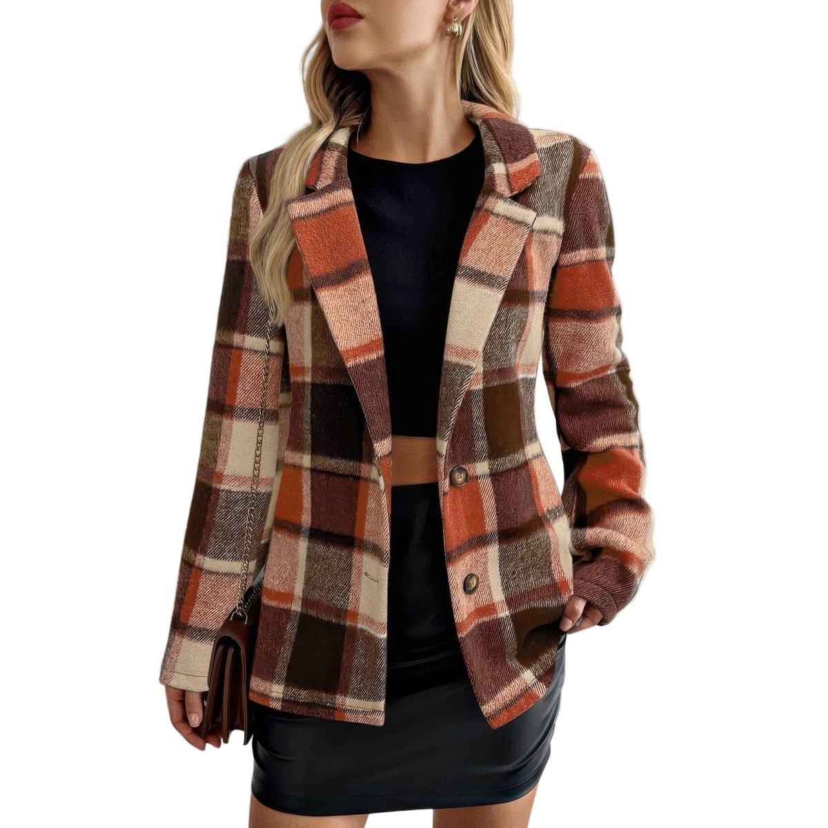 Women's plaid long sleeve coat with lapel collar, classic tailored silhouette in heritage check pattern