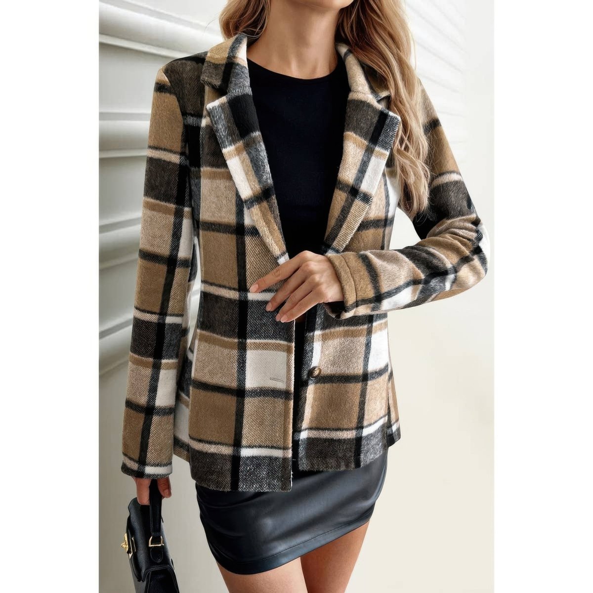 Women's plaid long sleeve coat with lapel collar, tailored silhouette in classic heritage pattern