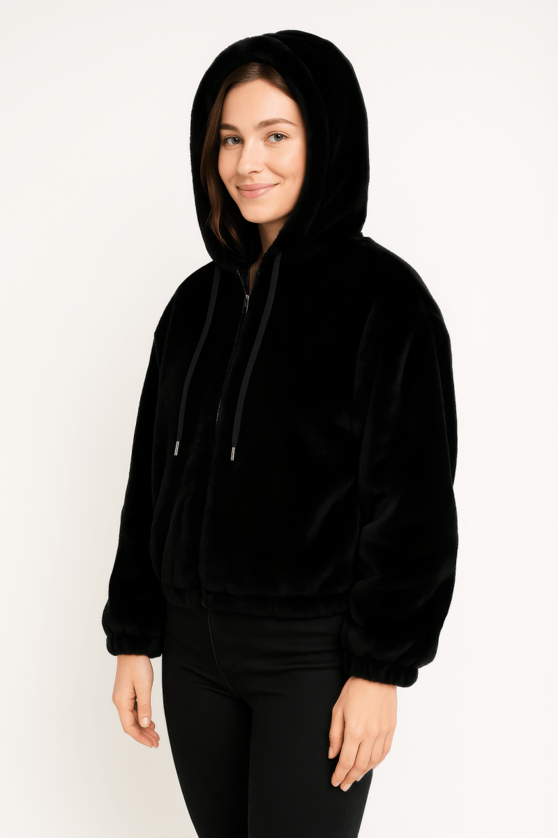 Women's ultra-soft plush zip-up hoodie in cozy relaxed fit with drawstring hood for cold weather