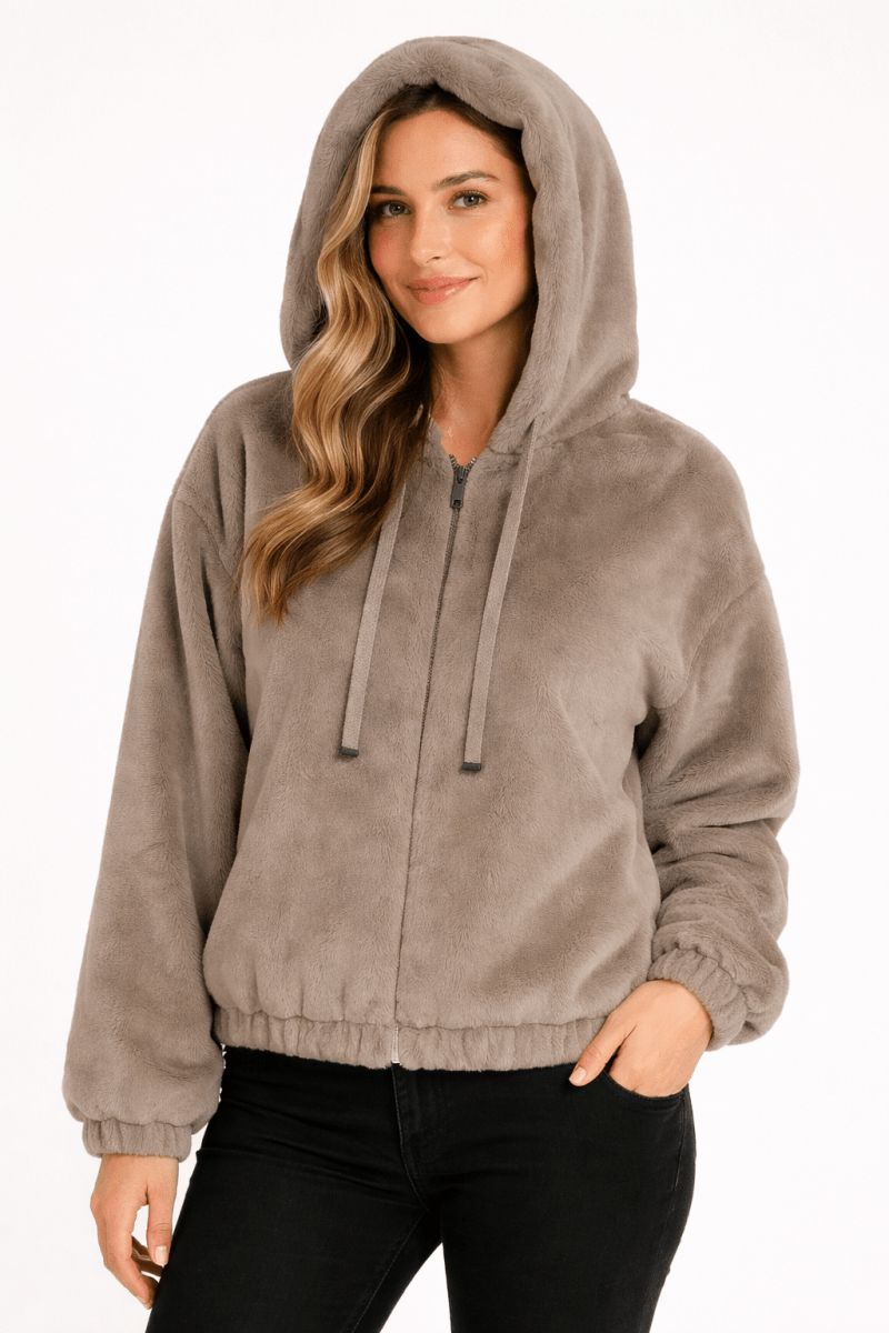 Women's ultra-soft plush zip-up hoodie in cozy relaxed fit with drawstring hood for cold weather