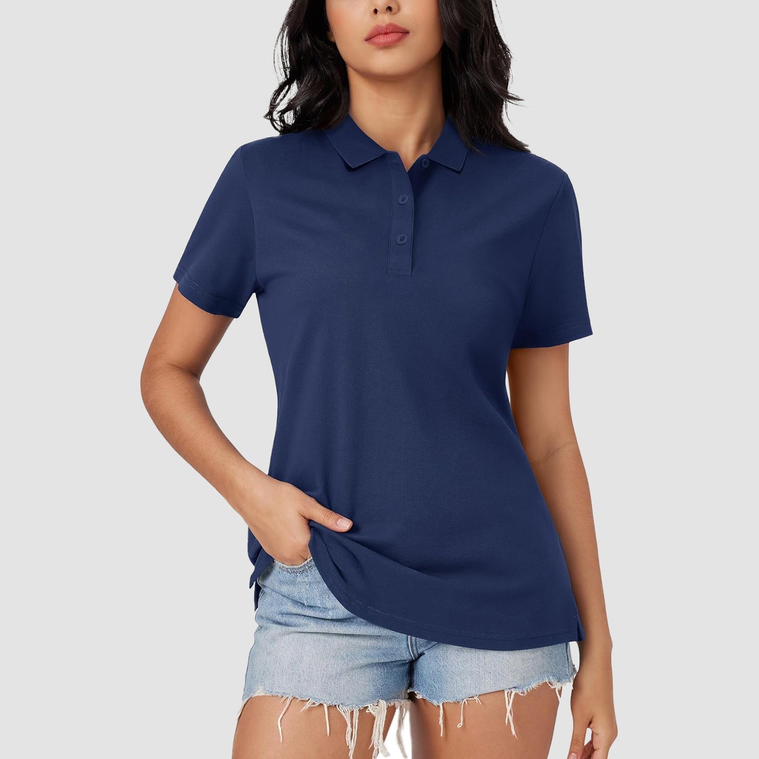 Women's white cotton blend polo shirt, classic 3-button placket, open hem, slim fit summer uniform