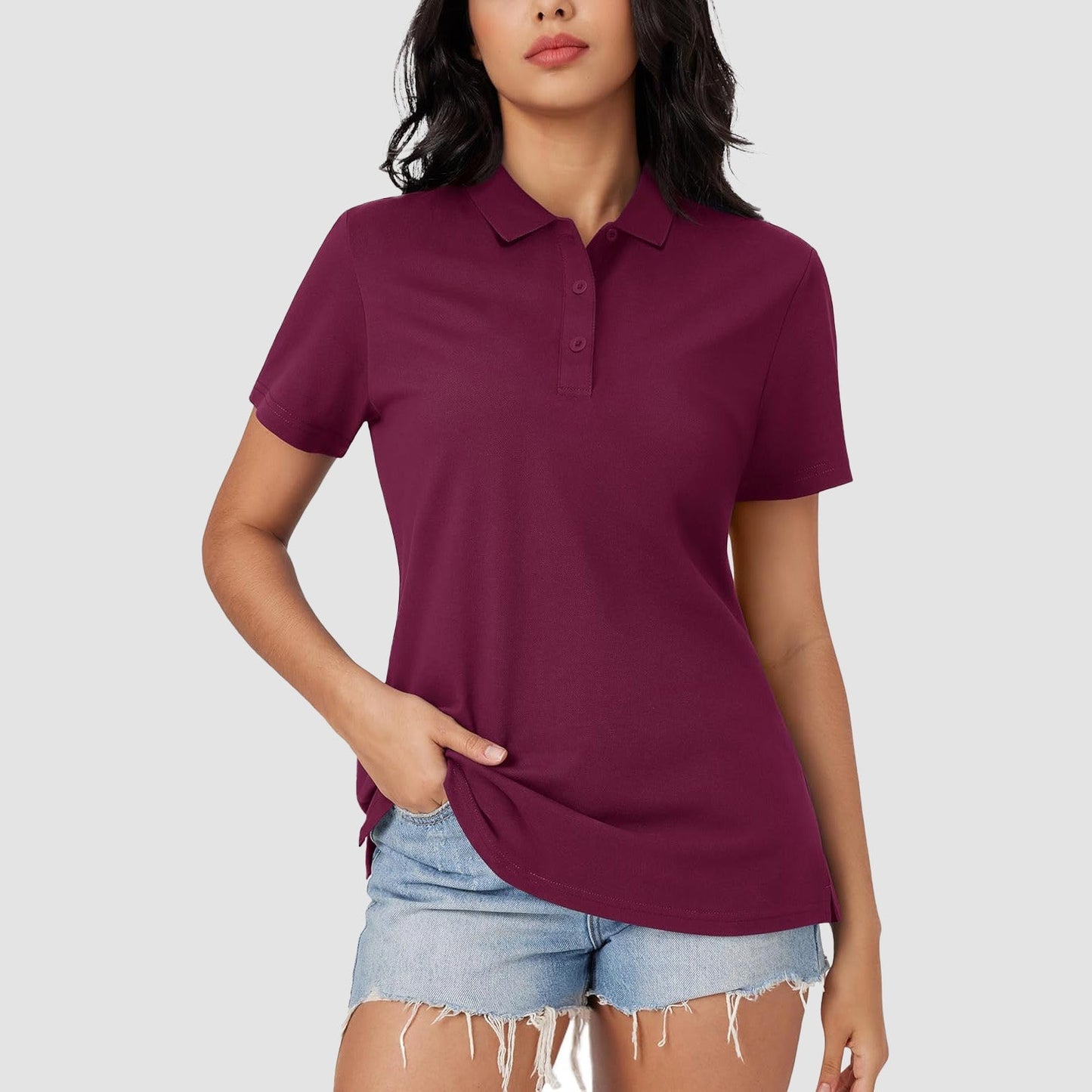 Women's white cotton blend polo shirt 3-button placket open hem slim fit summer uniform