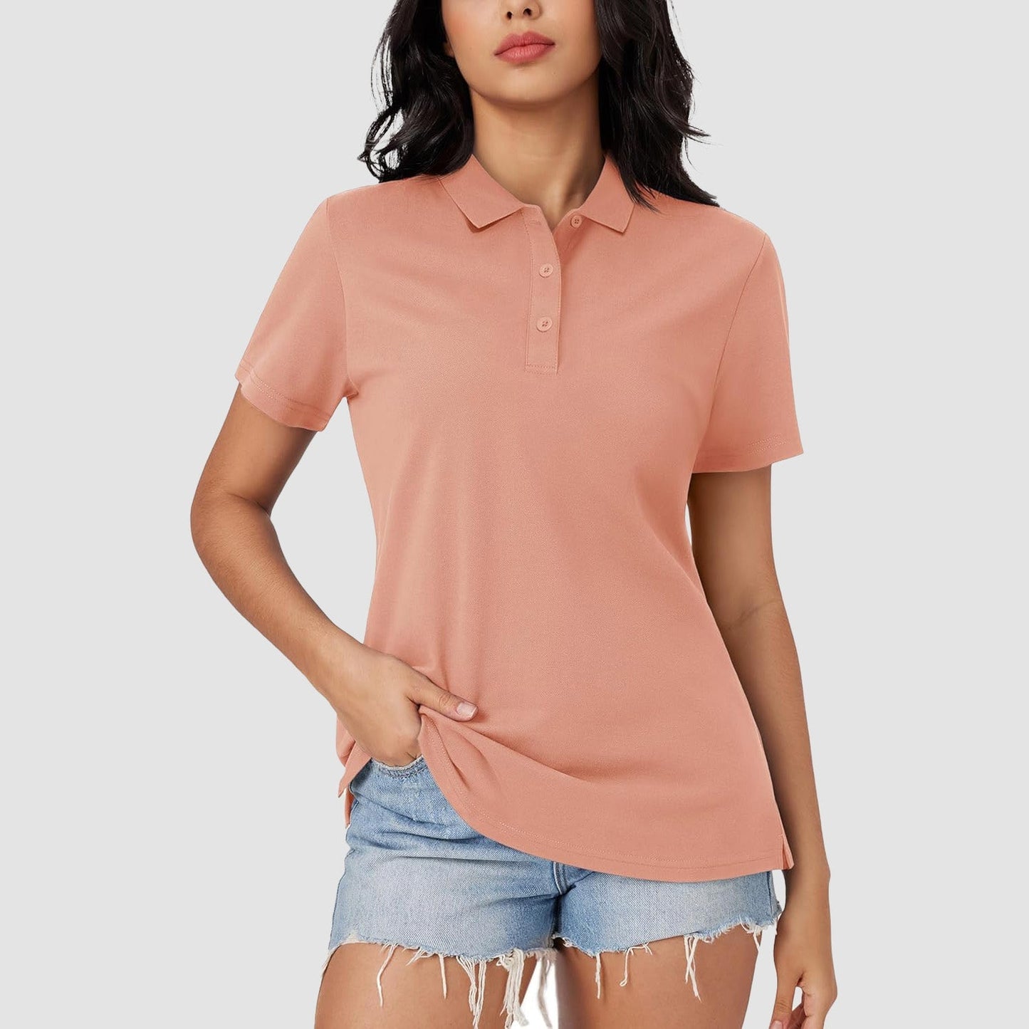 Women's white cotton blend polo shirt 3-button placket open hem relaxed fit summer uniform