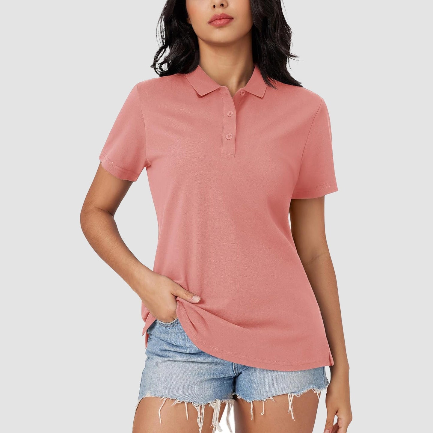 Women's white cotton blend polo shirt 3-button placket open hem relaxed fit summer uniform