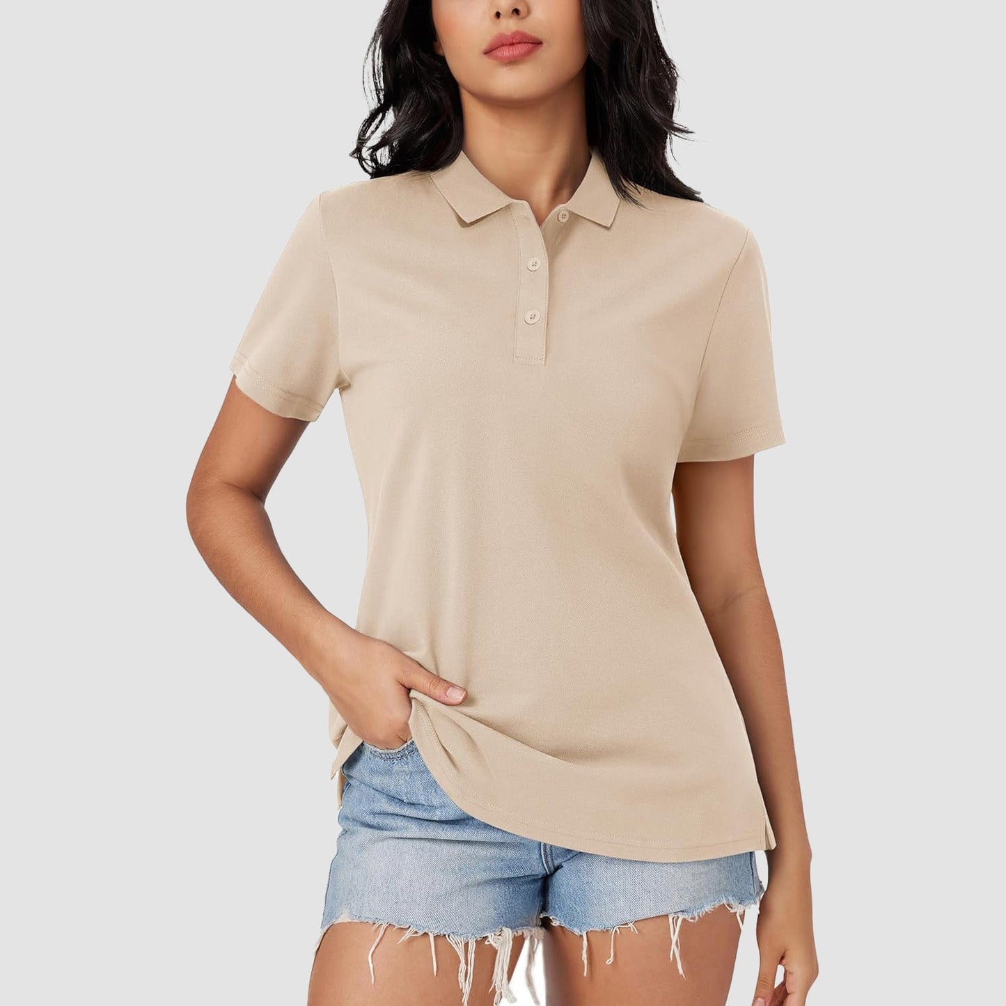 Women's white cotton blend polo shirt, 3-button placket, open hem, slim fit, breathable summer uniform