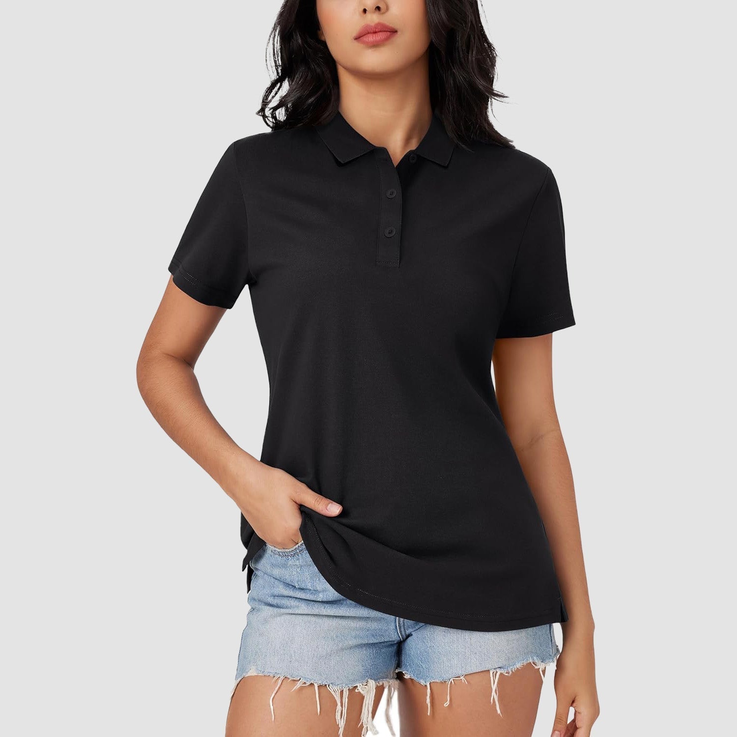 Women's white cotton blend polo shirt classic collar 3-button placket open hem stretch fit