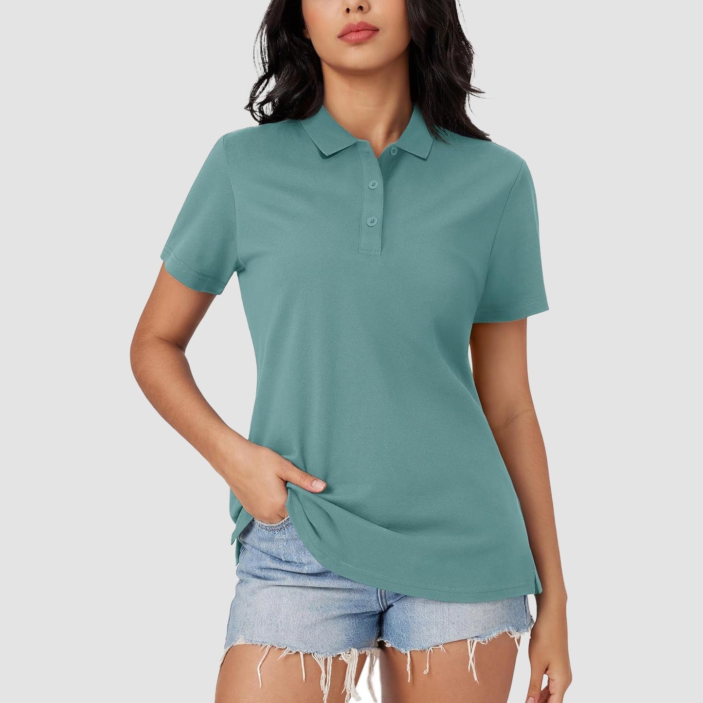 Women's white cotton blend polo shirt 3-button placket open hem classic fit summer uniform