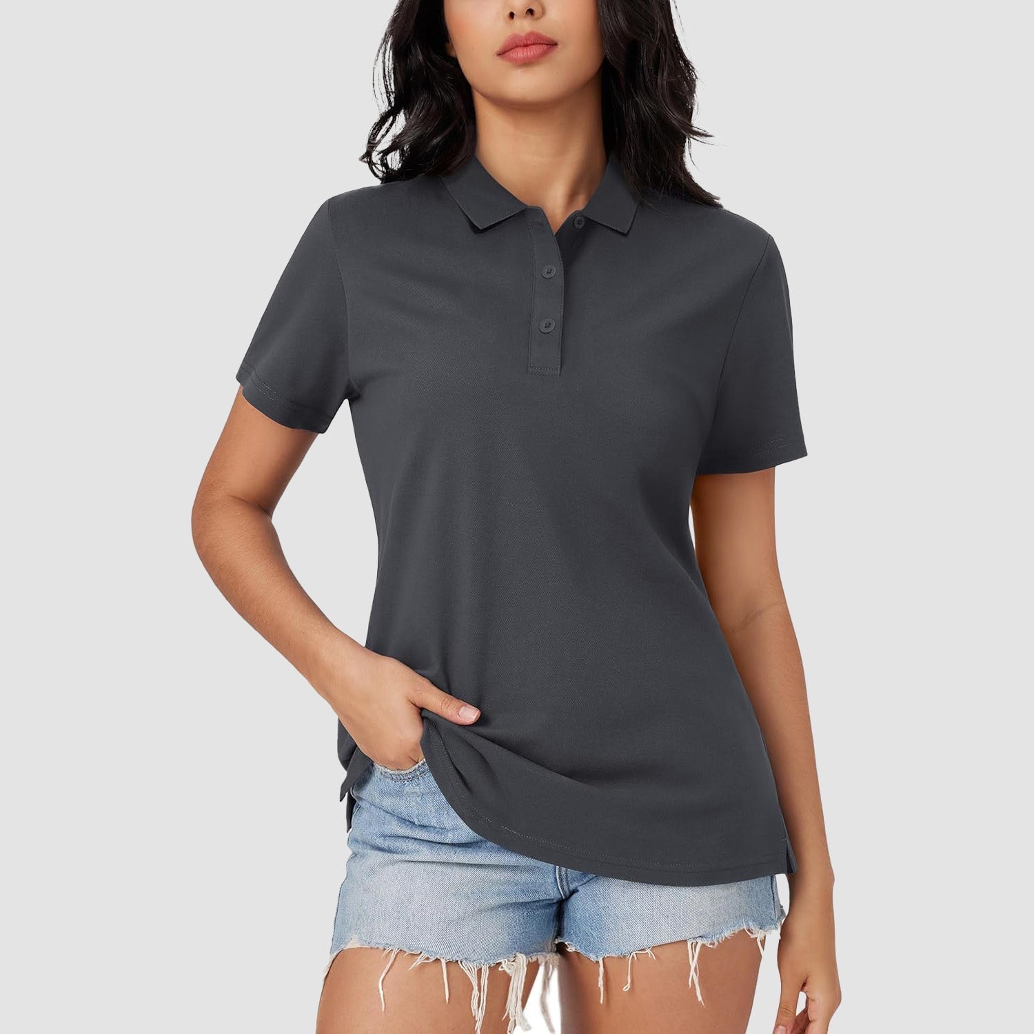 Women's white cotton blend polo shirt 3-button placket open hem relaxed fit summer uniform