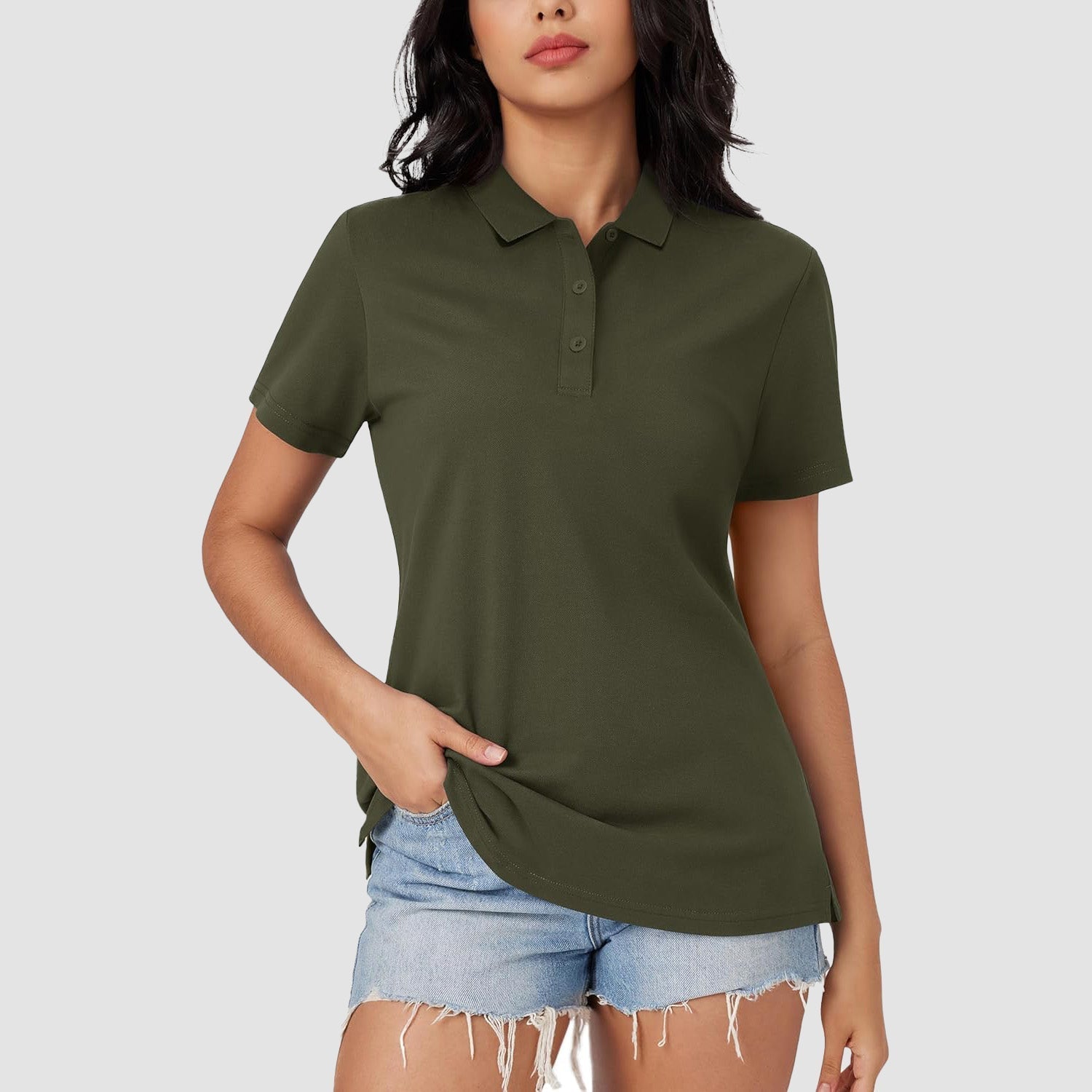 Women's white cotton blend polo shirt 3-button placket open hem slim fit summer uniform