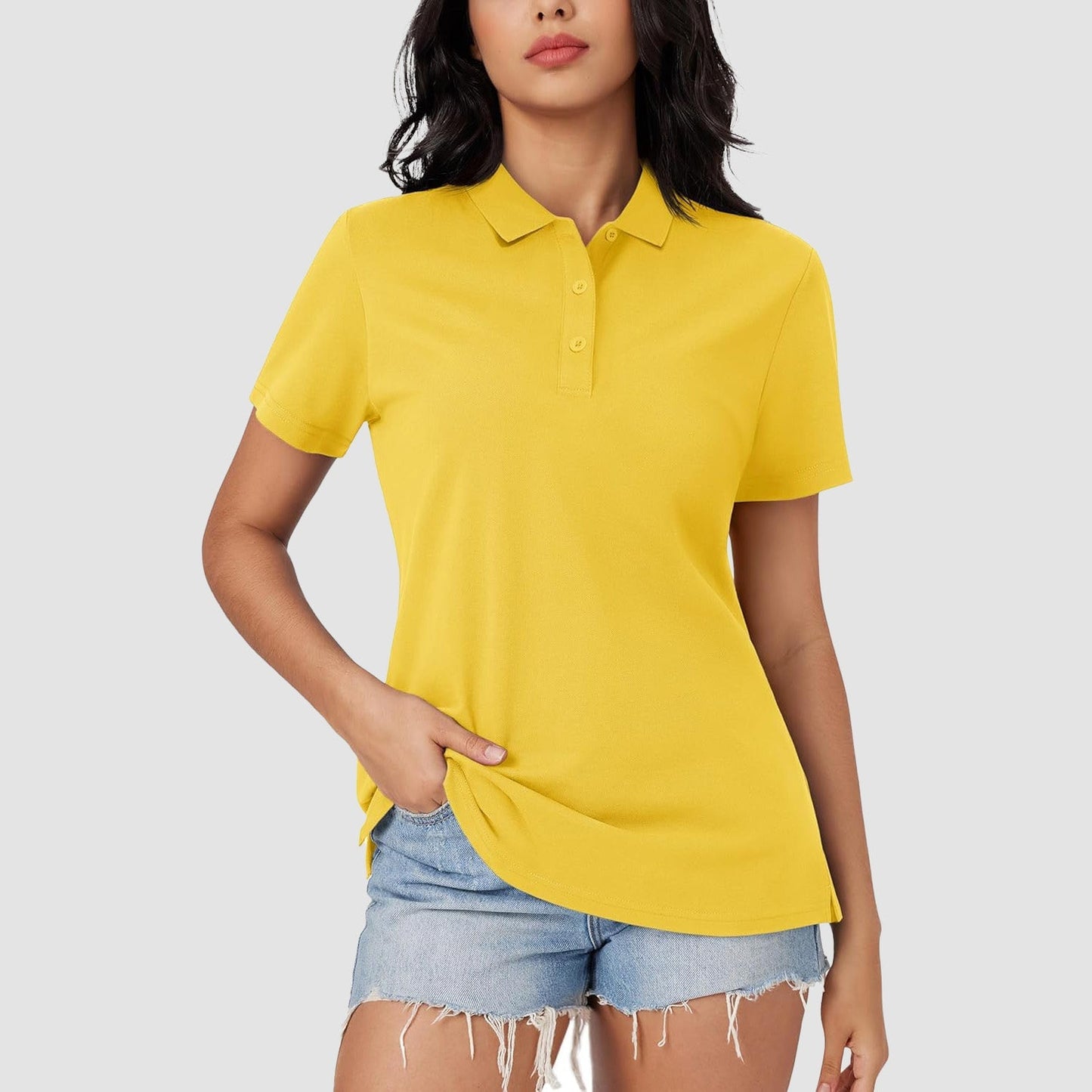 Women's white cotton blend polo shirt 3-button placket open hem classic fit summer uniform