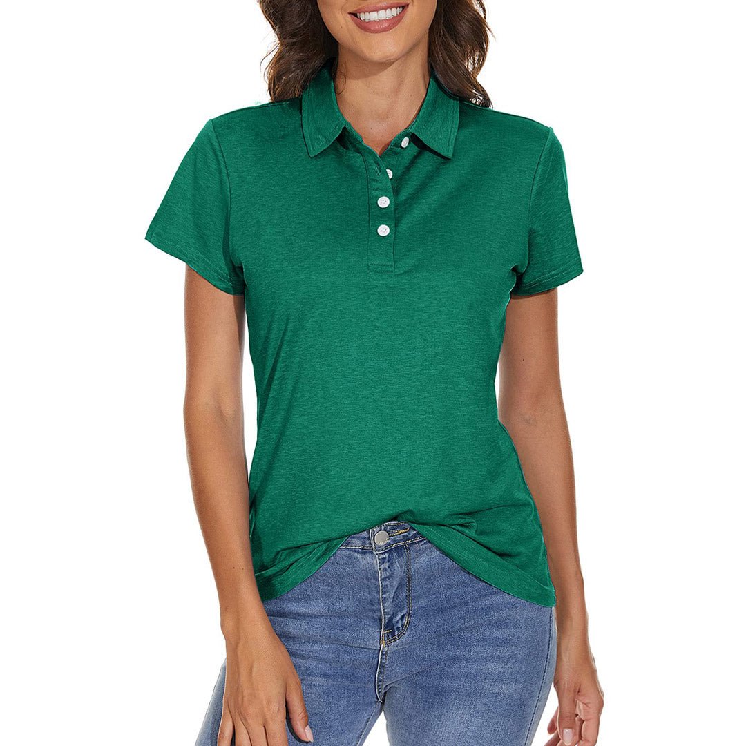 Women's quick-dry golf polo shirt light blue sporty fit 4-button placket breathable polyester spandex